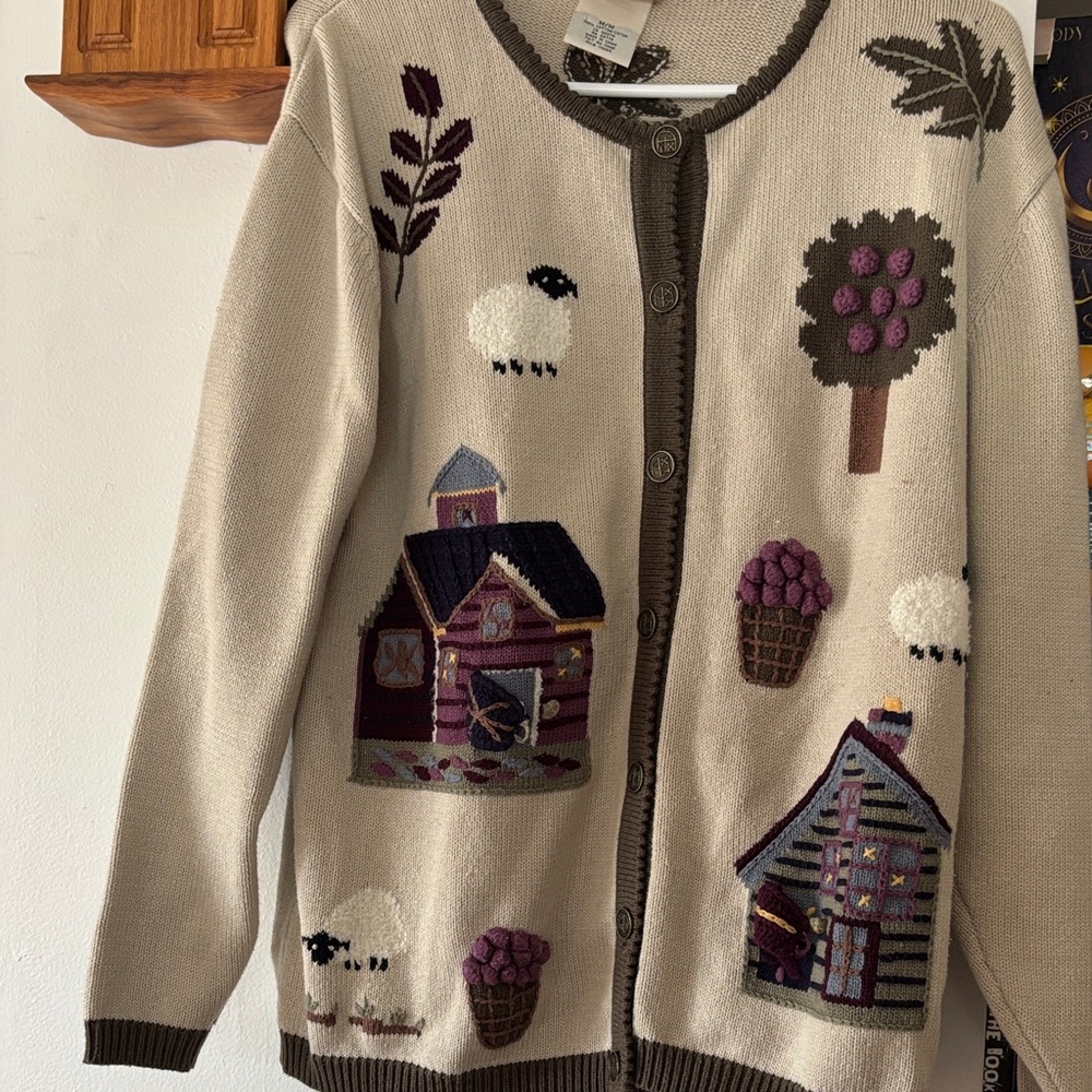 Beige Embroidered Village Cardigan Sweater